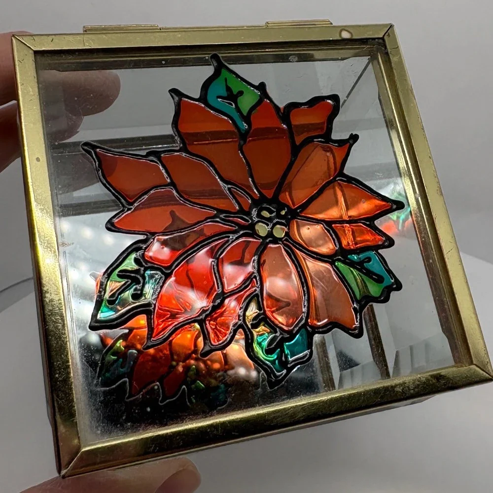 Vtg Glass Jewelry Box Poinsettia Stained Glass Hinged Keepsake Trinket Organizer
